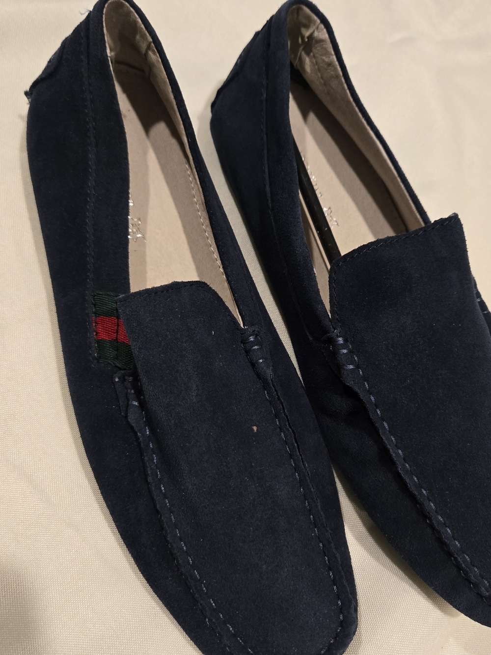 Men's Navy Suede Slip-On Loafers with Ribbon Accent